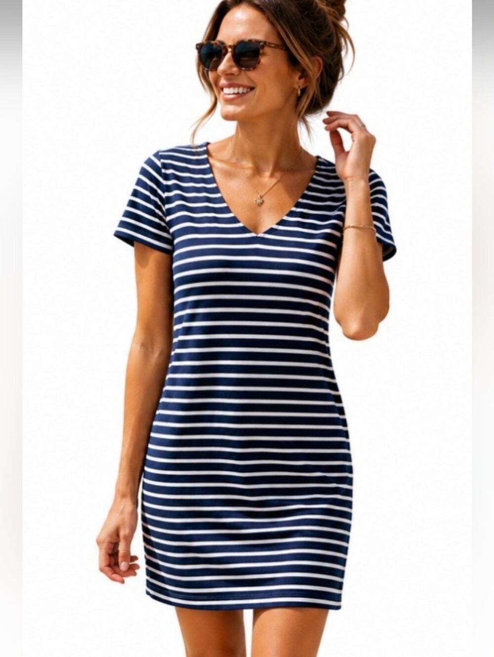 Joules Nautical Stripe T-Shirt Dress Women SZ 10 Navy/white VNeck Casual Resort